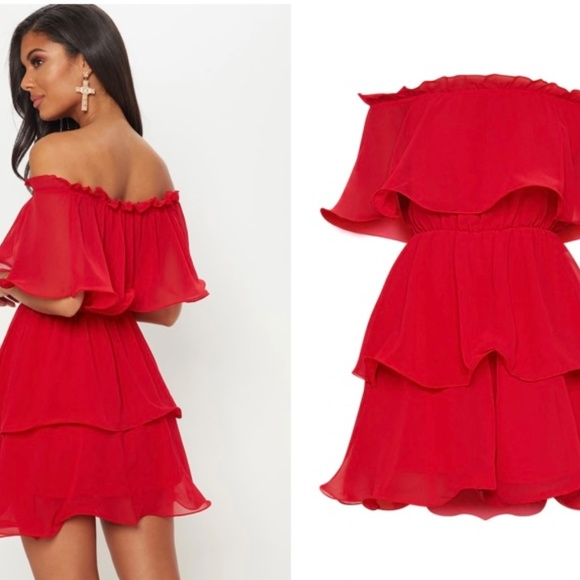 Red chiffon Bardot pretty little thing dress - Picture 2 of 5